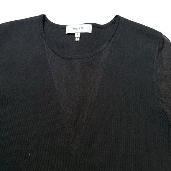 Reiss Venus Sheer Sleeve Plunge Top Black Mesh Panels Long Sleeve - Size Large - Picture 4 of 13